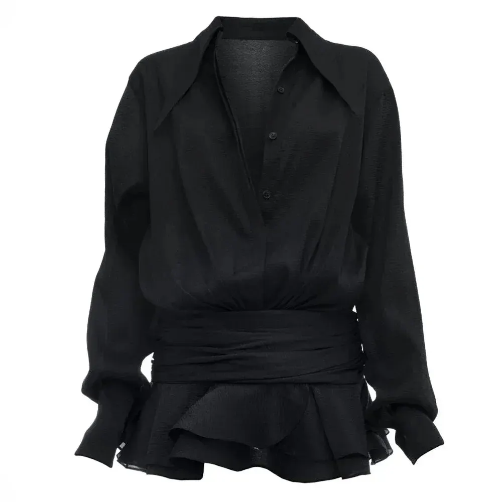 Maxct New Chiffon Mini Dress Women's Ruffled Splice Pleated Dress Mesh See-through Loose Oversized Shirt Dress Cover-Up Clothes