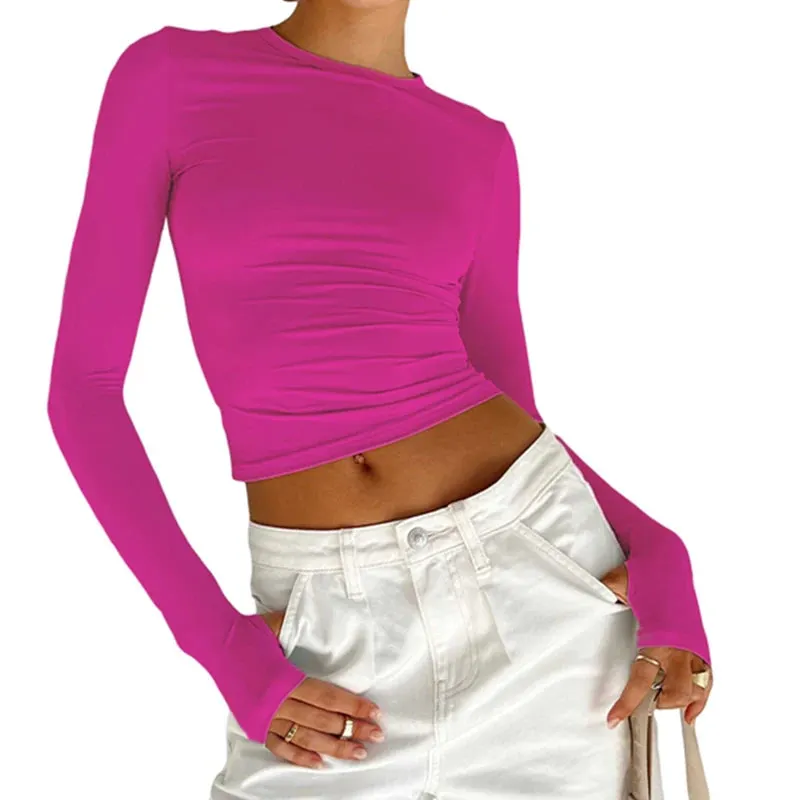 Maxct Female Fashion Going Out T-Shirt Women Sexy Long Sleeve Fitted Crop Tops Y2K Crew Neck Casual Basic Tight Tees Streetwear