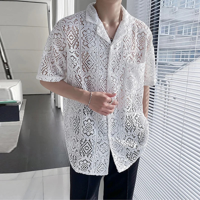 Maxct Summer New Casual Hollow Out Shirts Men Sexy See Through Breathable Shirt For Mens Fashion Solid Color Lapel Buttoned Cardigans