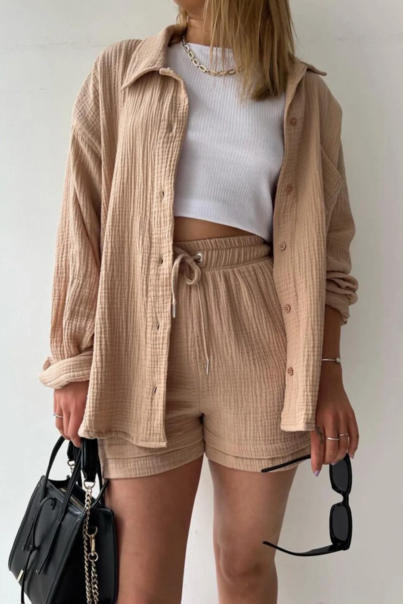 Maxct Long Sleeve Solid Color Shirt Shorts Set