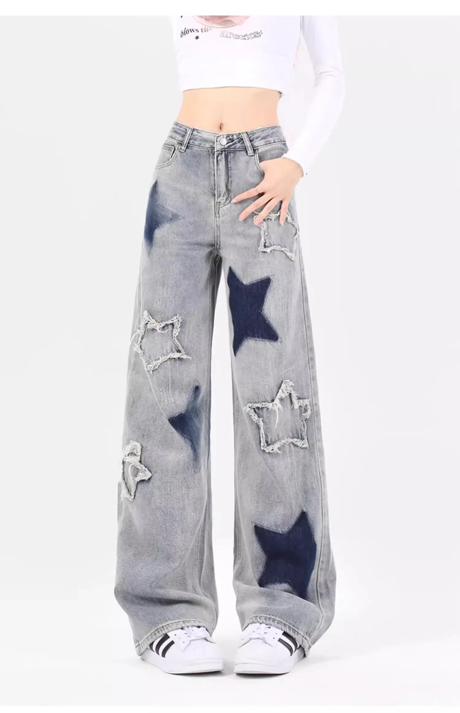 American Star Embroidery Women's Denim Trousers: Y2K High Street Casual Loose Straight Leg Pants - true deals club