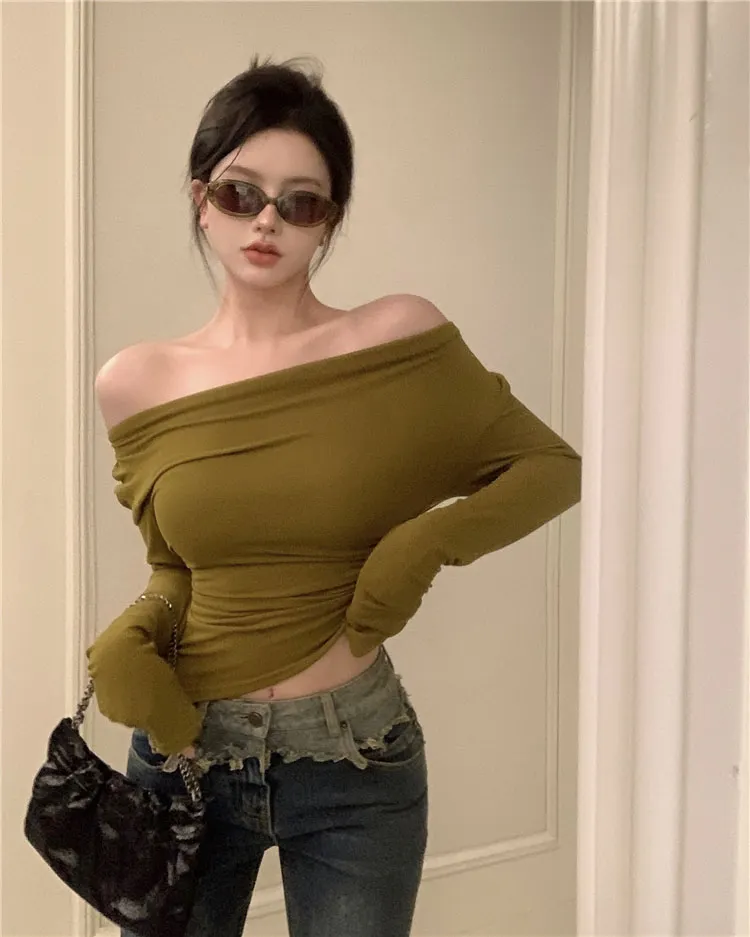 Black Solid Slash Neck Elegant Long Sleeve Tops Fashion Slim Sexy Cropped T Shirt Skinny Women Y2k Clothing Autumn Casual Shirts