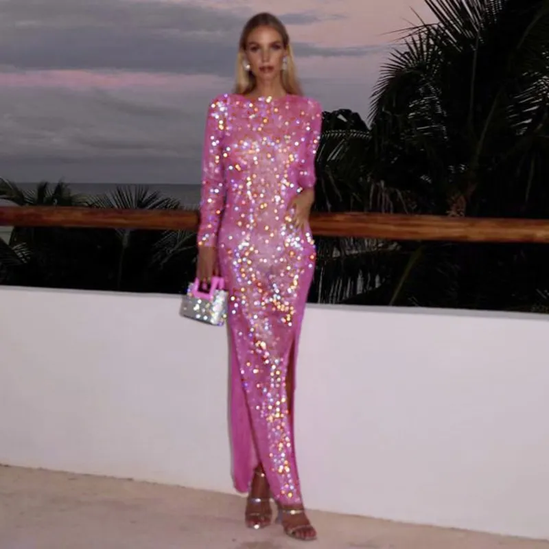 Sexy See Through Sheer Mesh Dress Elegant Solid Color Diamonds Slit Long Sleeves Dresses Party Club Lady Long Vestidos