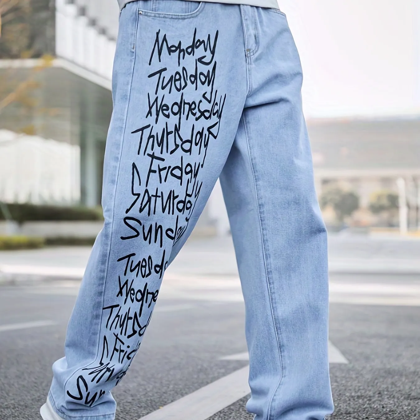 Maxct  Letter Print Loose Fit Jeans, Men's Casual Street Style Wide Leg Denim Pants For All Seasons
