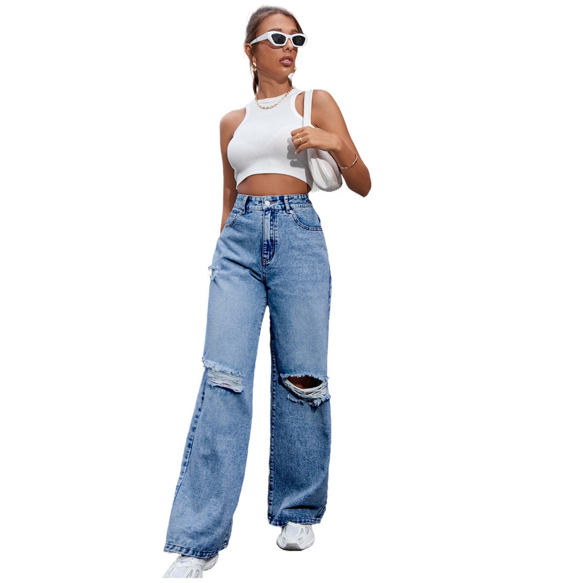 Maxct outfit inspo Women's Ins Fashion Ripped High Waist Wide Leg Pants Casual Denim Pants Fashion