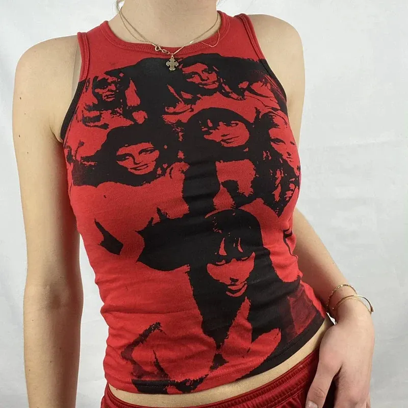 Maxct 90s Vintage Portrait Graphic Print T-shirt Harajuku Crop Top Y2K Aesthetic Summer Slim Fit Tees Tops Women Streetwear Gothic