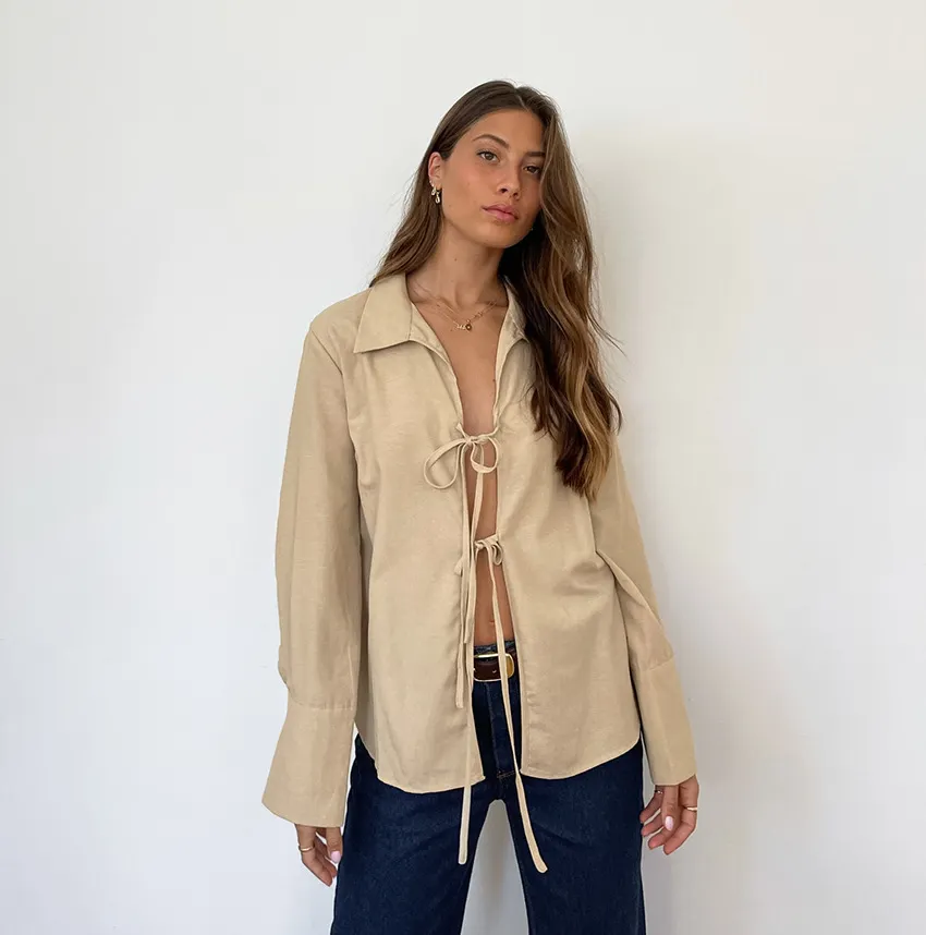 Hollow Out Lace Up White Cotton Linen Shirt Women's Long Sleeve Loose Casual Sexy Lapel Cardigan Top Female Summer new