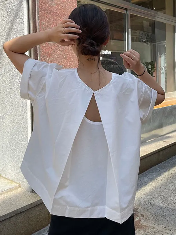Maxct Back Hollow Round Neck Simple T-Shirt