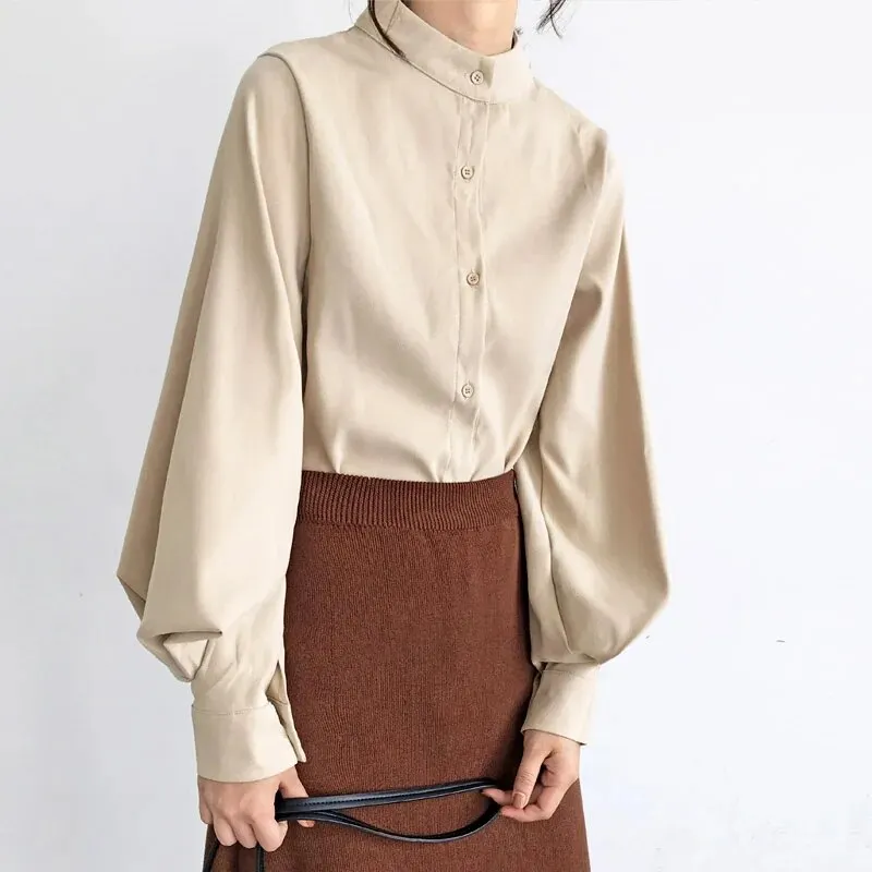 Maxct Lantern Sleeve Blouse Women Spring Fashion Single Breasted Stand Collar Shirts Female Office Work Blouse Solid White Tops