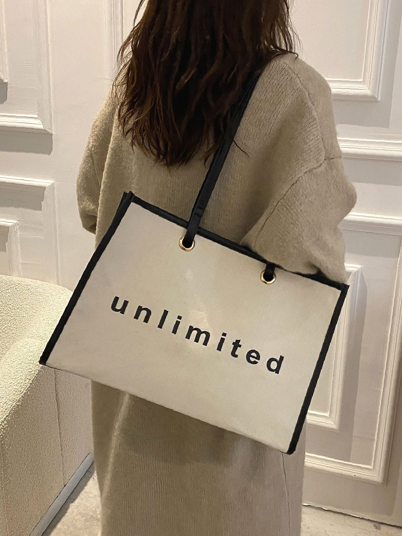 Maxct - Letter Graphic Contrast Binding Shopper Bag  - Women Tote Bags