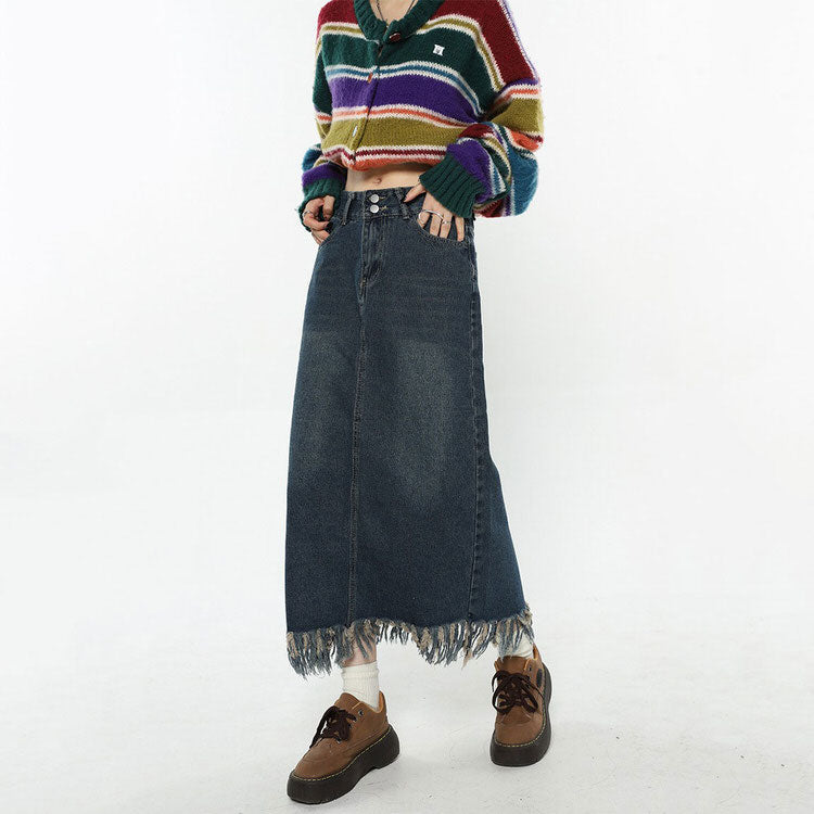 Aesthetic Long Denim Fringe Skirt Maxct