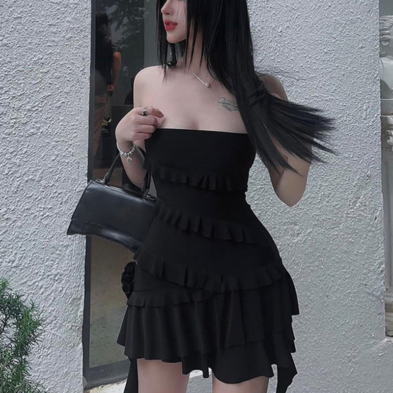 Tube Dress for y2k Clothes Off Shoulder Strapless Sleeveless Ruffle Hem Mini Dress Evening Party Dresses