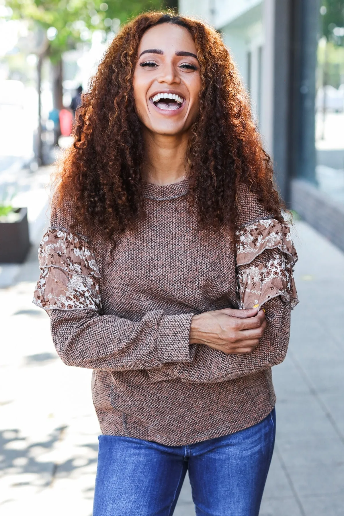 Maxct &Fall Diva Brown Two Tone Knit Floral Print Frill Detail Sweater