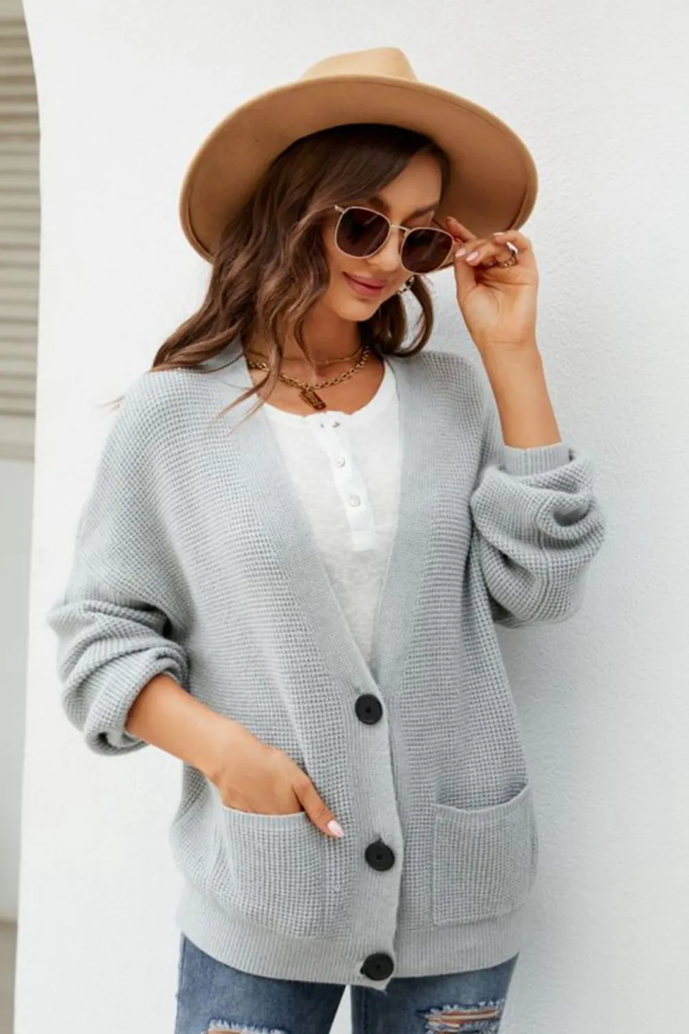 Maxct &Waffle-Knit Dropped Shoulder Cardigan