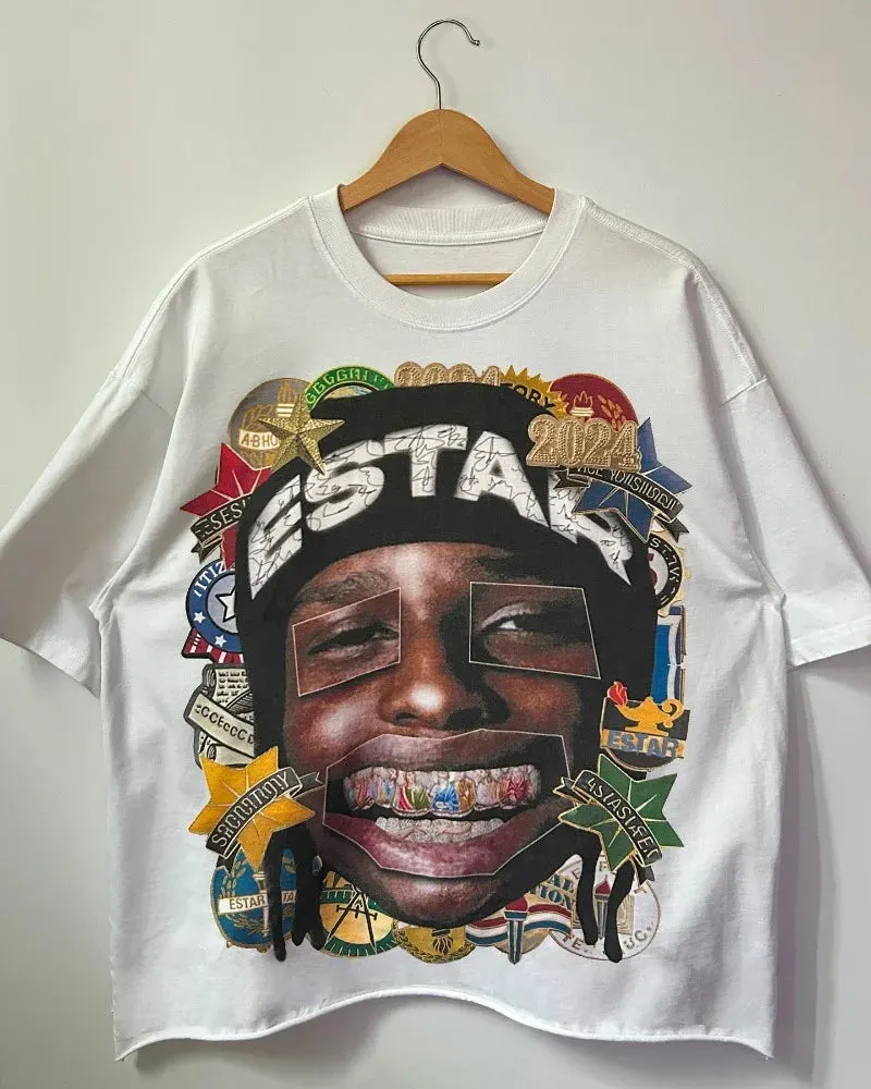 Maxct American style Gothic portrait print oversized T-shirt men's Y2K street hip-hop Harajuku loose and versatile short sleeved top