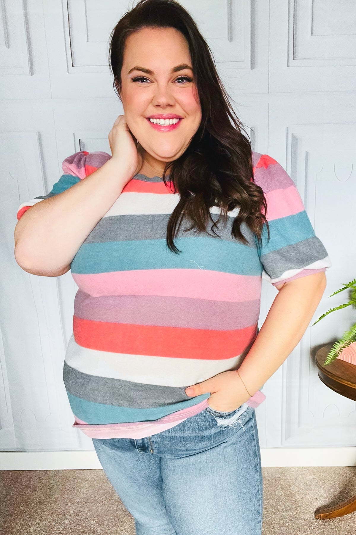 Maxct &Look Out Teal & Rose Striped Hacci Knit Puff Sleeve Top