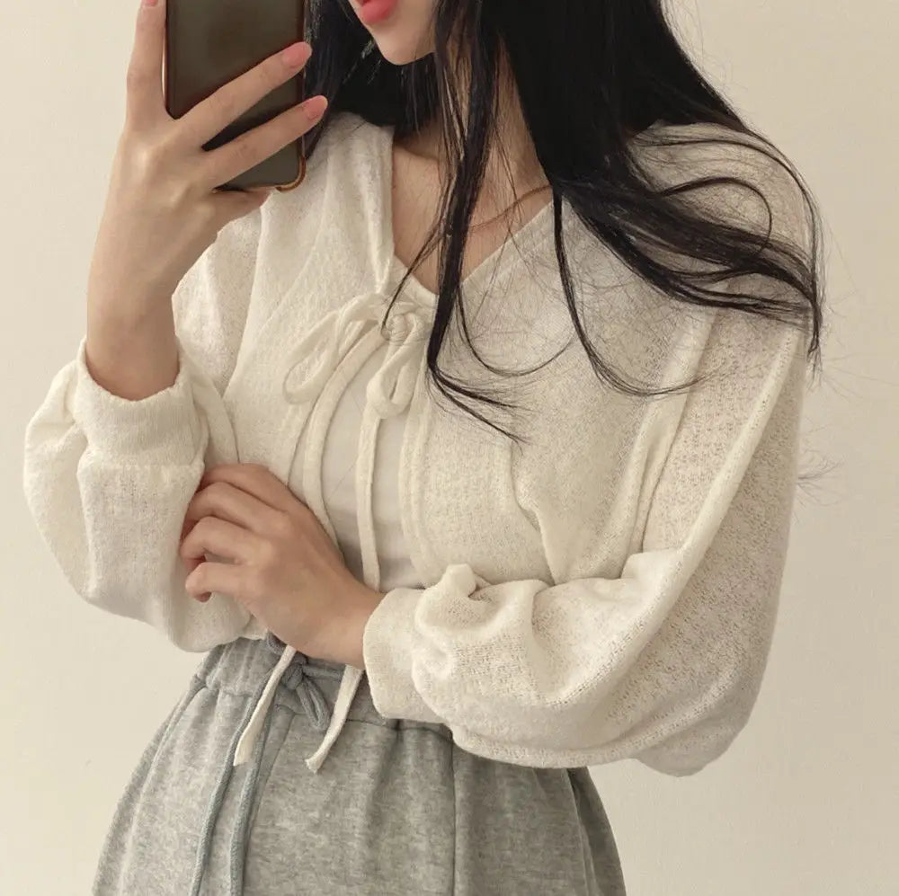 Maxct Thin White Cardigan Bandage Lantern Sleeve Short Coat Pull Femme Knitwear Top Girl Cardigan Korean Style Casual T Shirt
