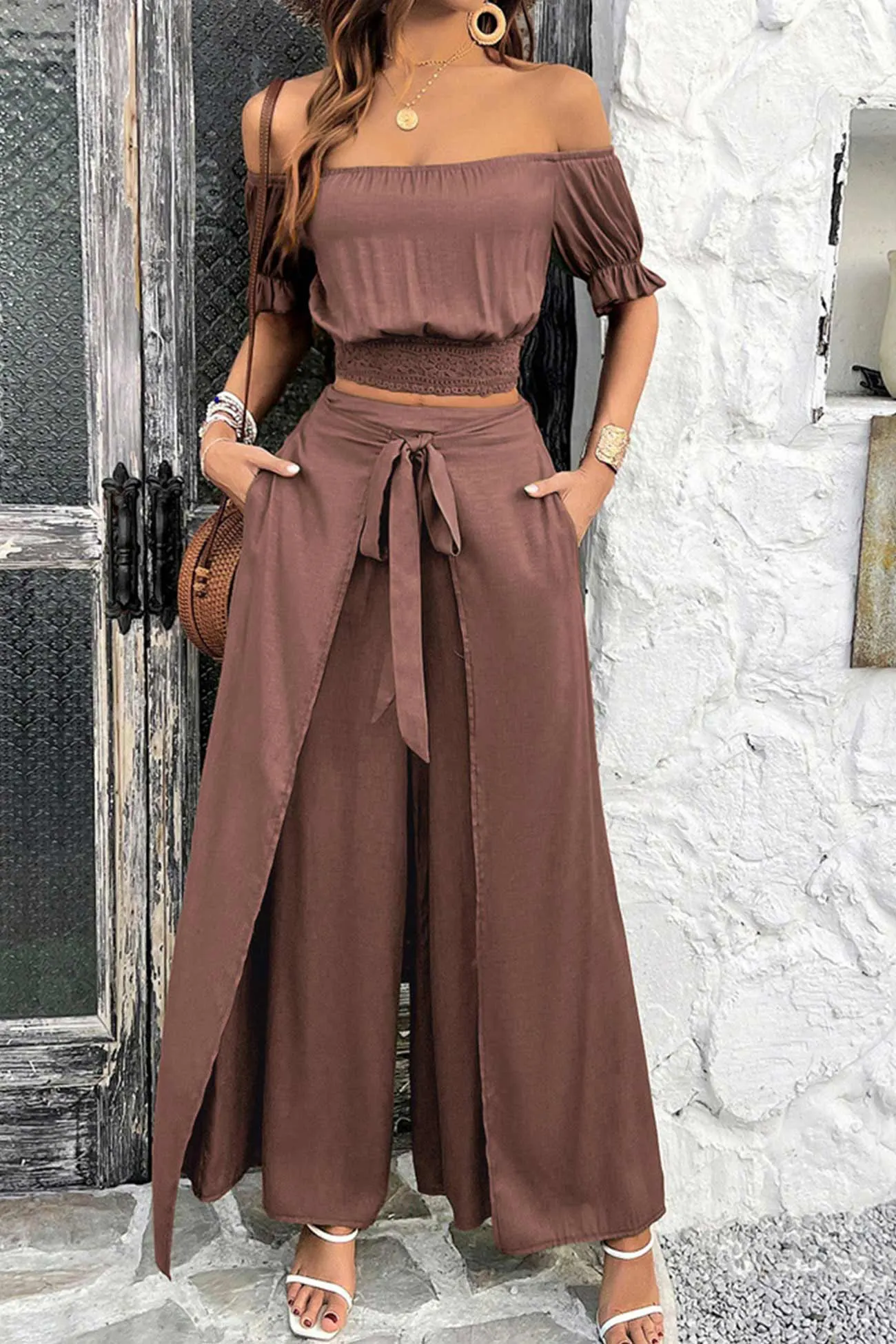 Maxct Off-shoulder Crop Top Tie-up Pants Suits