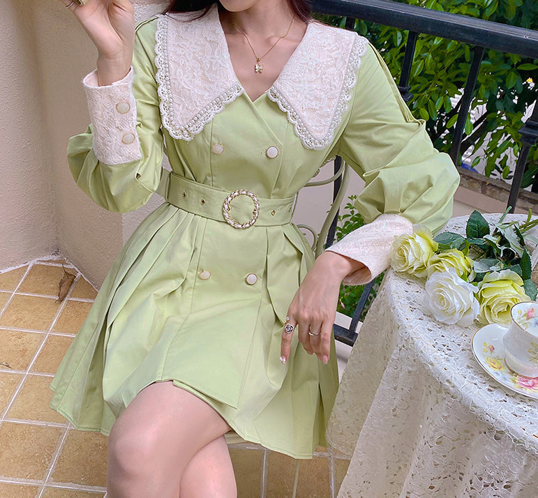 Matcha Peter Pan Pleated Dress Maxct