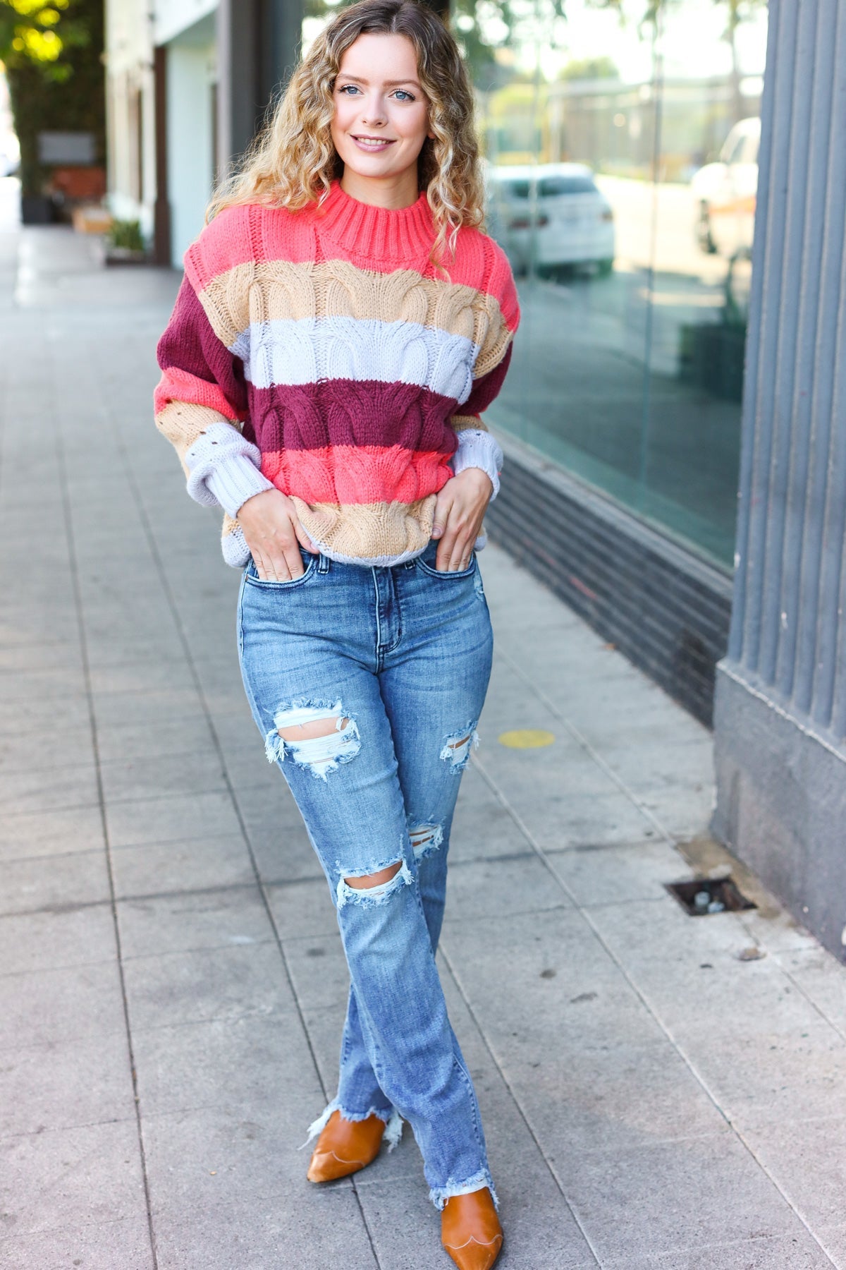 Maxct &Fall For You Rust Multicolor Stripe Cable Knit Mock Neck Sweater