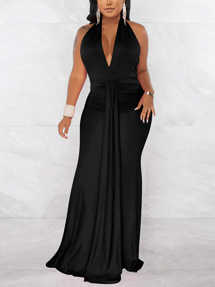 Halter Ruched Maxi Dress Maxct