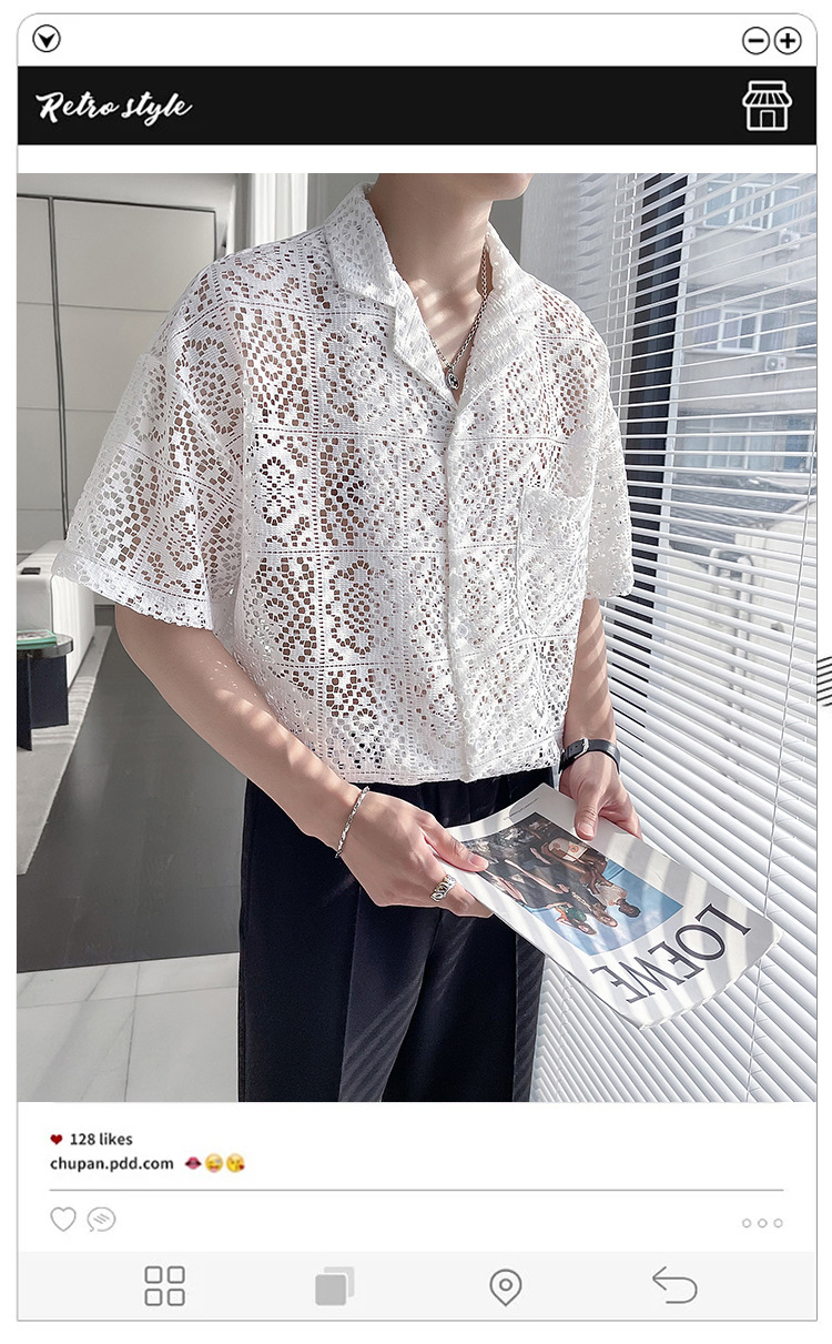 Summer New Casual Hollow Out Shirts Men Sexy See Through Breathable Shirt For Mens Fashion Solid Color Lapel Buttoned Cardigans