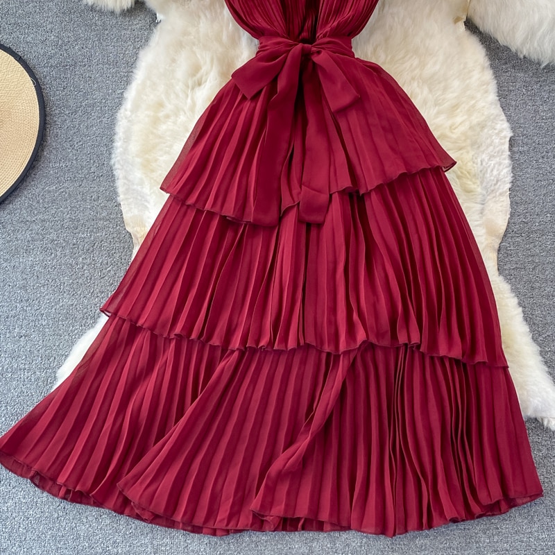 Women's Purple/Pink/Green Draped Dress Vintage Ruffle Stand Collar Sleeveless High Waist Party Pleated Vestidos Female New