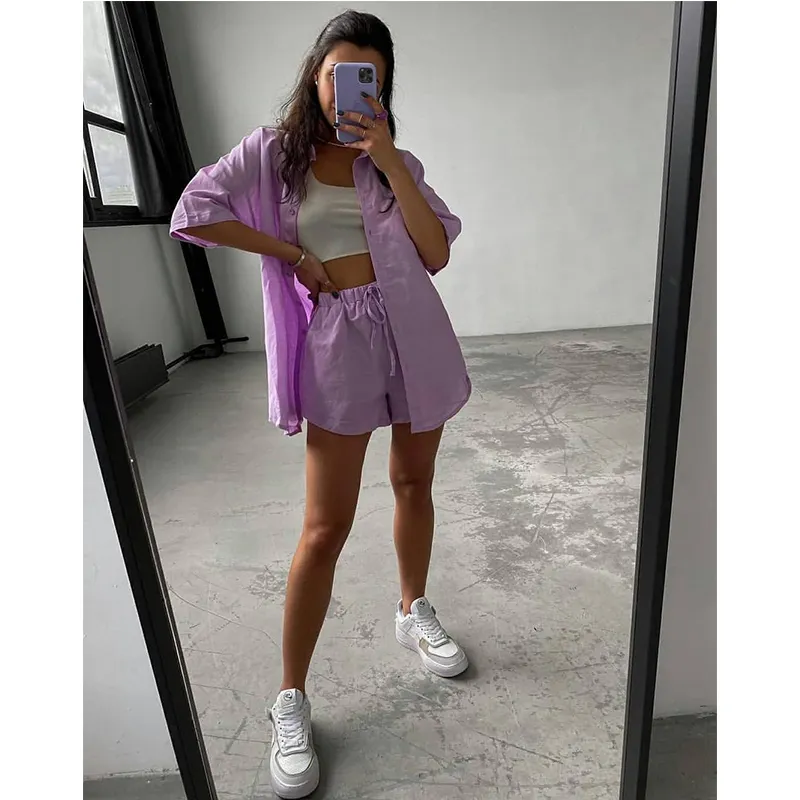 Maxct Casual Tracksuit Women's Shorts Suits Green Streetwear Short Sleeve Shirt Tops Loose Drawstring Mini Shorts Two Piece Set
