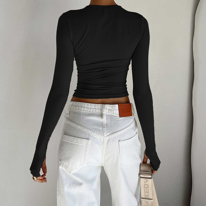 Female Korean Fashion Crop Tops Women Long Sleeve T-Shirts Solid Color O Neck Slim Fit Casual Basic Tees Going Out Outfits