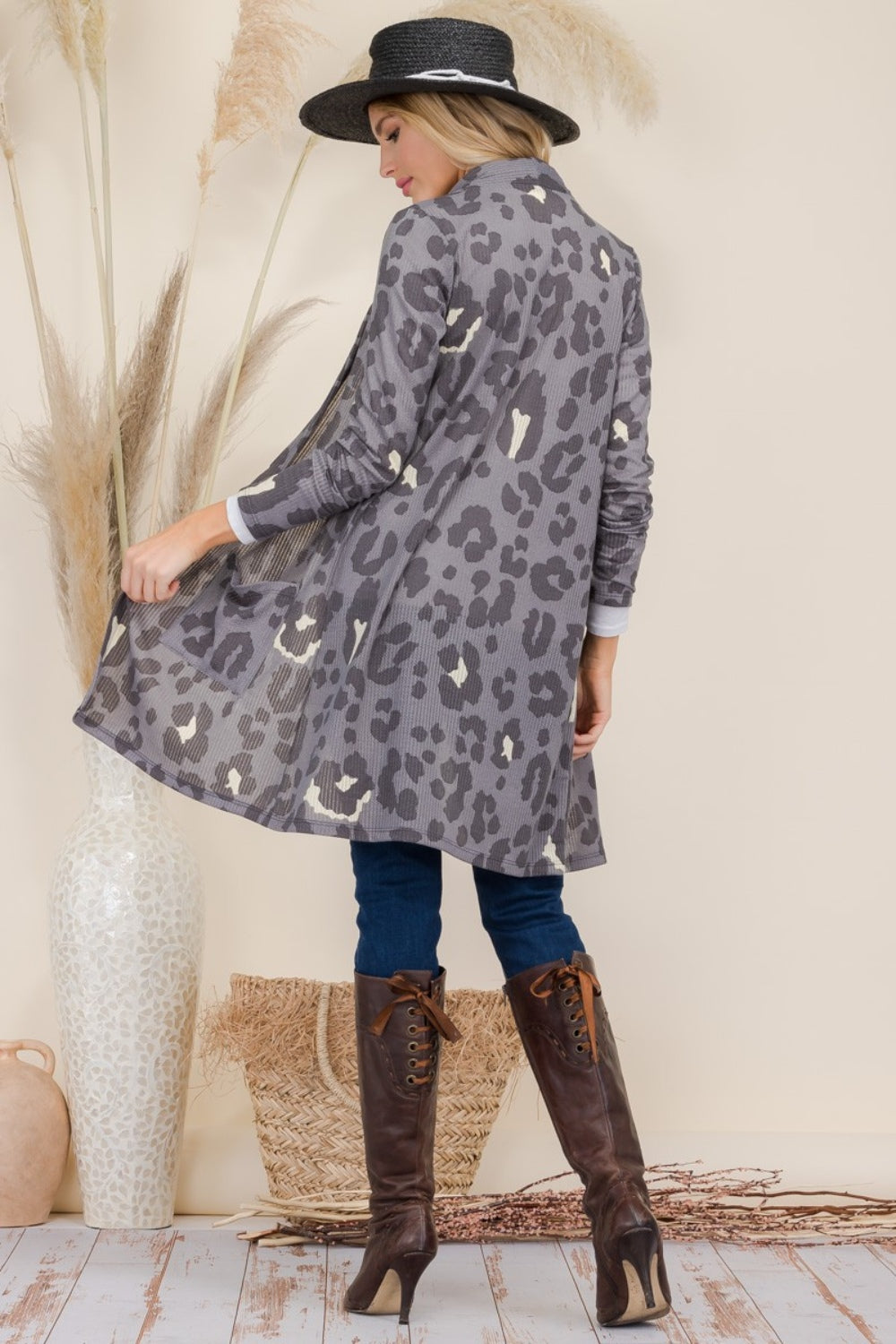 Maxct &Celeste Full Size Leopard Open Front Contrast Cardigan