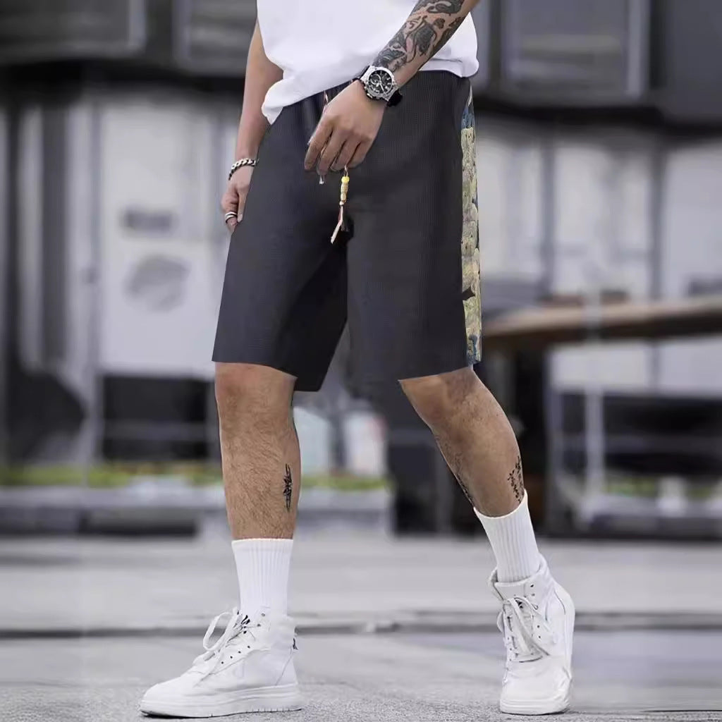 Maxct summer sweatpants boys loose and versatile outerwear sweatpants ins bear splicing five-point pants tide