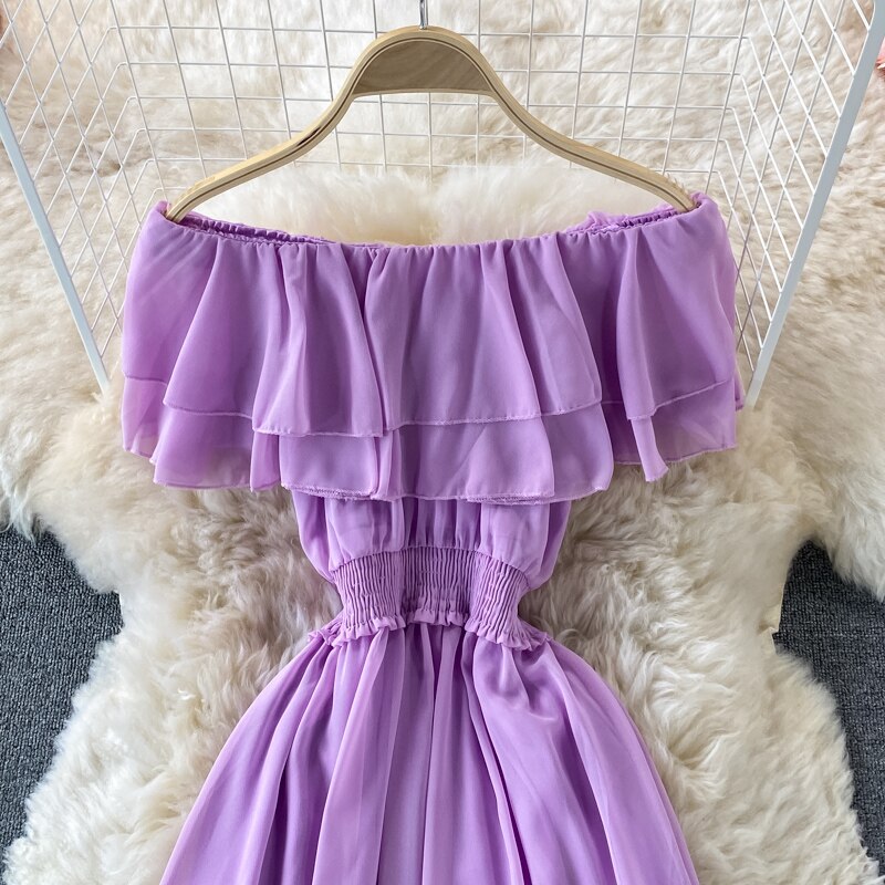 Chiffon Dress Women Sexy Slash Neck Ruffle Robe Elegant Ruffle High Waist Vestidos Female Beach Vacation New