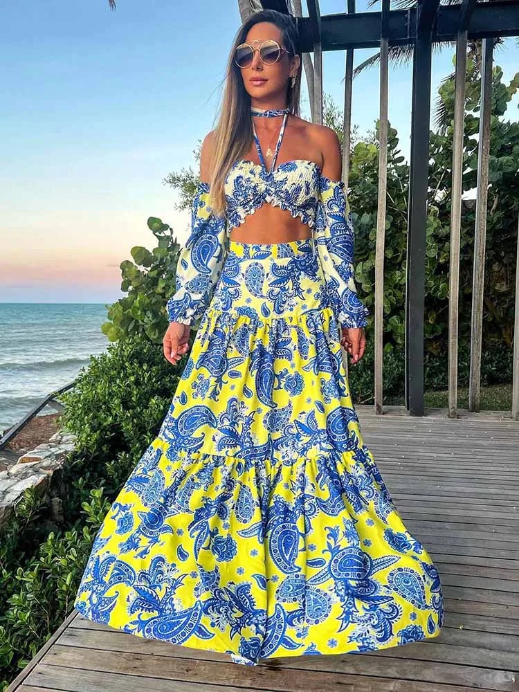 Maxct Summer Two Pieces Maxi Dress For Women Halter Lace Up Tops And Retro Floral Print Long Skirt Ruffled Holiday Beach Dresses