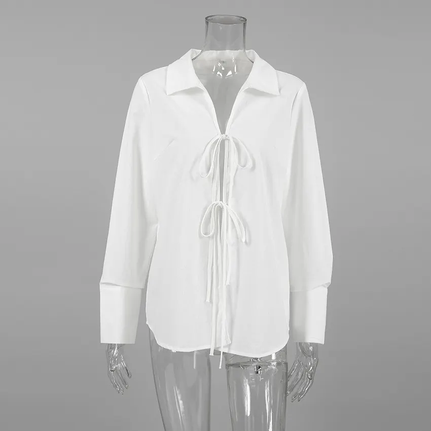 Hollow Out Lace Up White Cotton Linen Shirt Women's Long Sleeve Loose Casual Sexy Lapel Cardigan Top Female Summer new