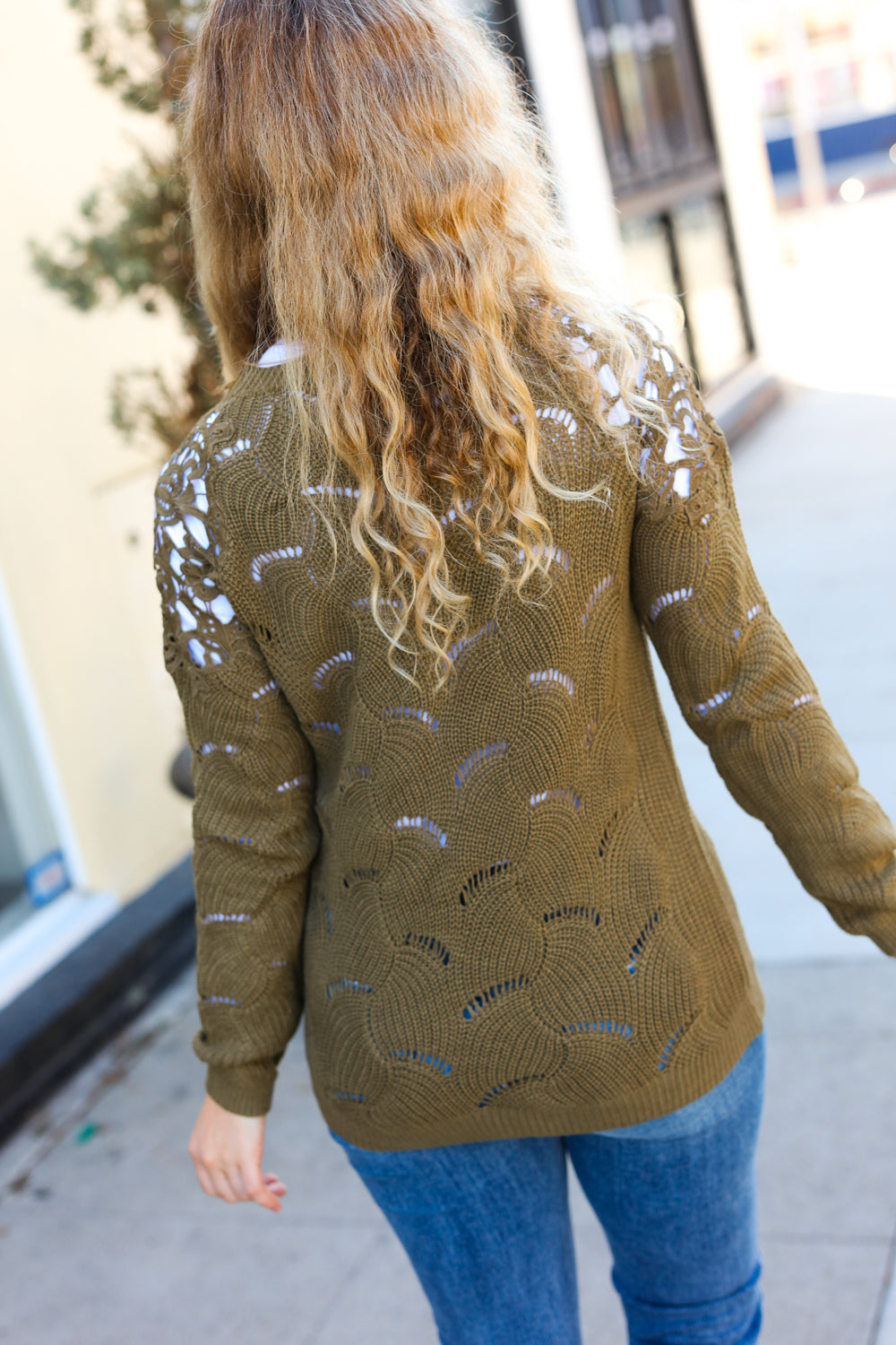 Maxct &Casual Chic Olive Pointelle Lace Shoulder Knit Sweater