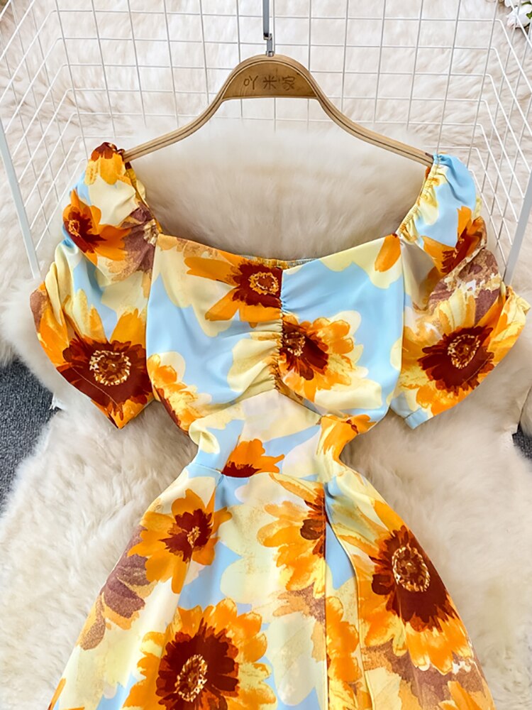 Vintage Women Printed Dresss Sexy Square Collar Short Puff Sleeve High Waist A-Line Vacation Beach Vestidos Female New