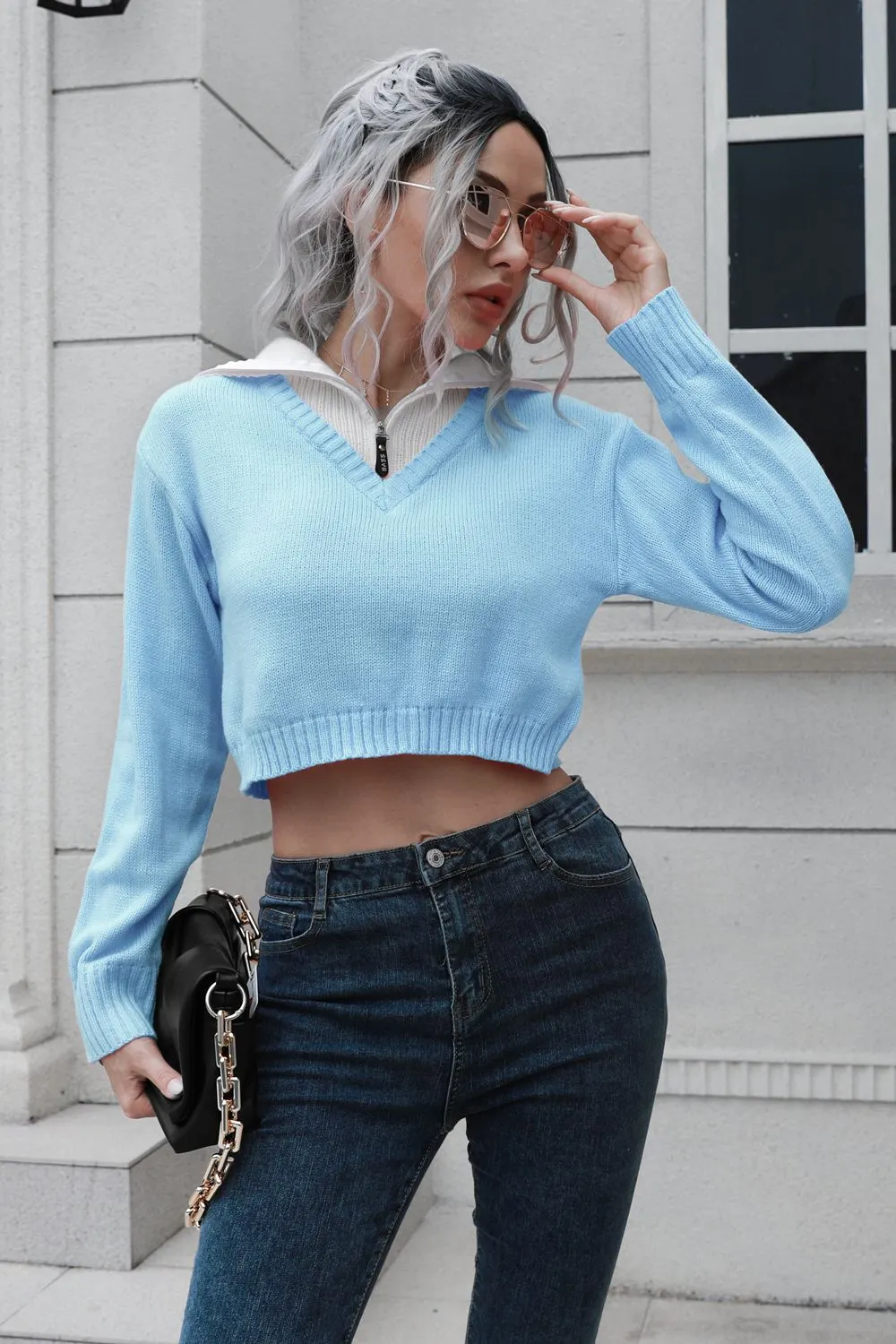 Maxct &Contrast Collared Cropped Sweater
