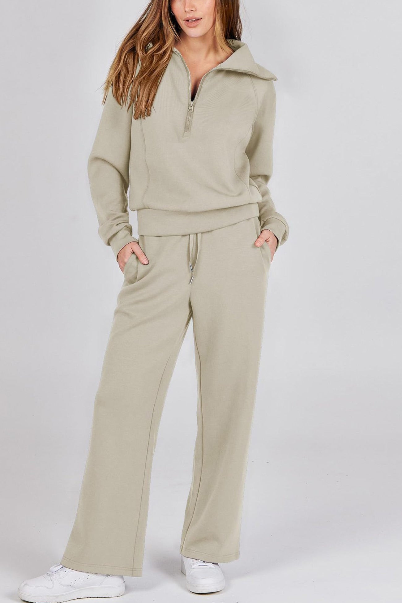 Maxct Lapel Zip-up Sweatshirt Wide Leg Long Pants Set