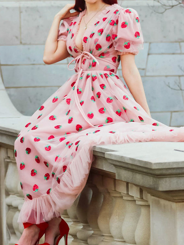 Sequined Strawberry Mesh Pleated Maxi Dress Maxct