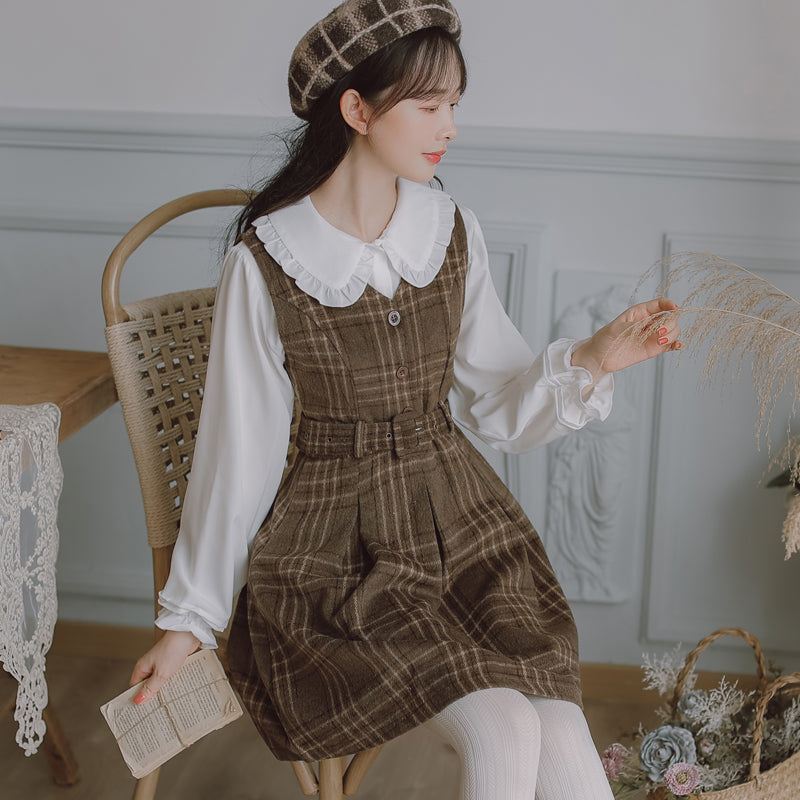 Coffee Plaid Pinafore Dress / Blouse Maxct
