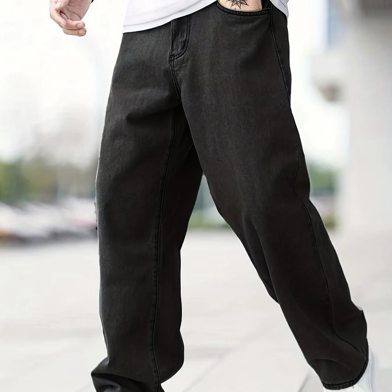 Maxct  Classic Design Wide Leg Jeans, Men's Casual Street Style Solid Color Denim Pants For Spring Summer