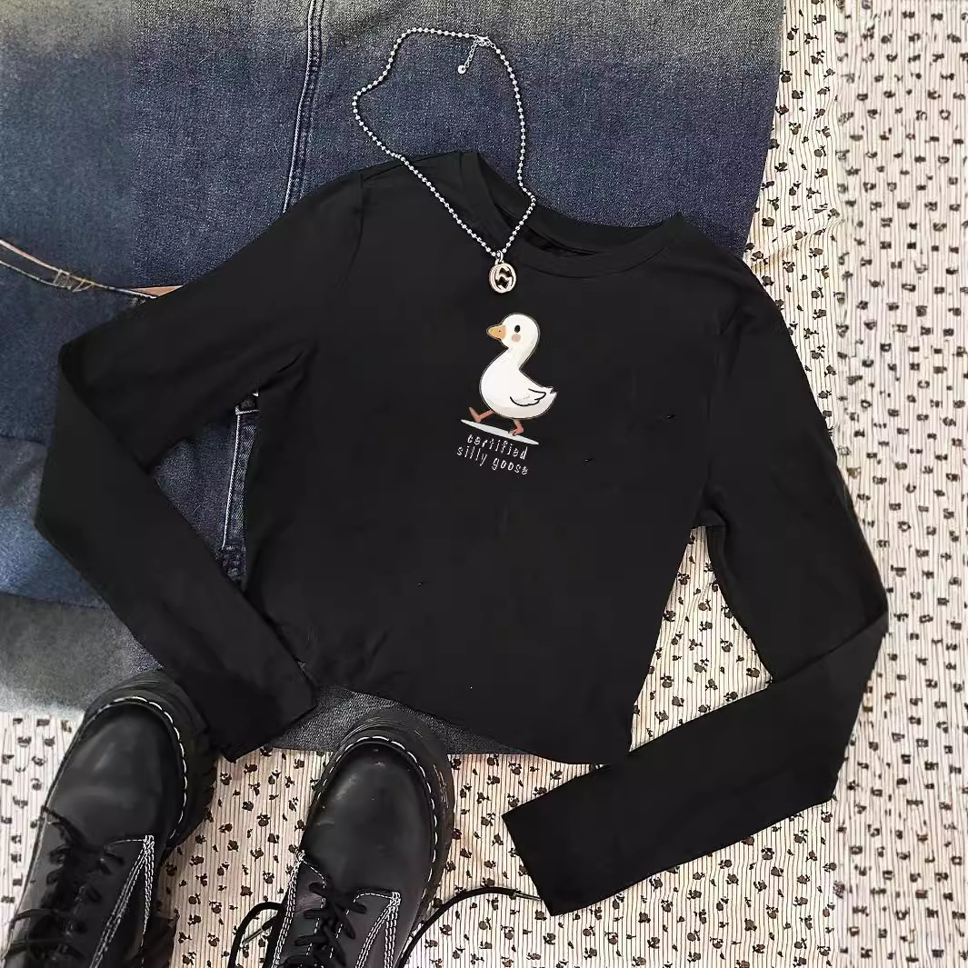 Maxct American Hot Girl round Neck Shoulder Long Sleeve Navel Top Fashion Street Slim Short T-shirt for Women