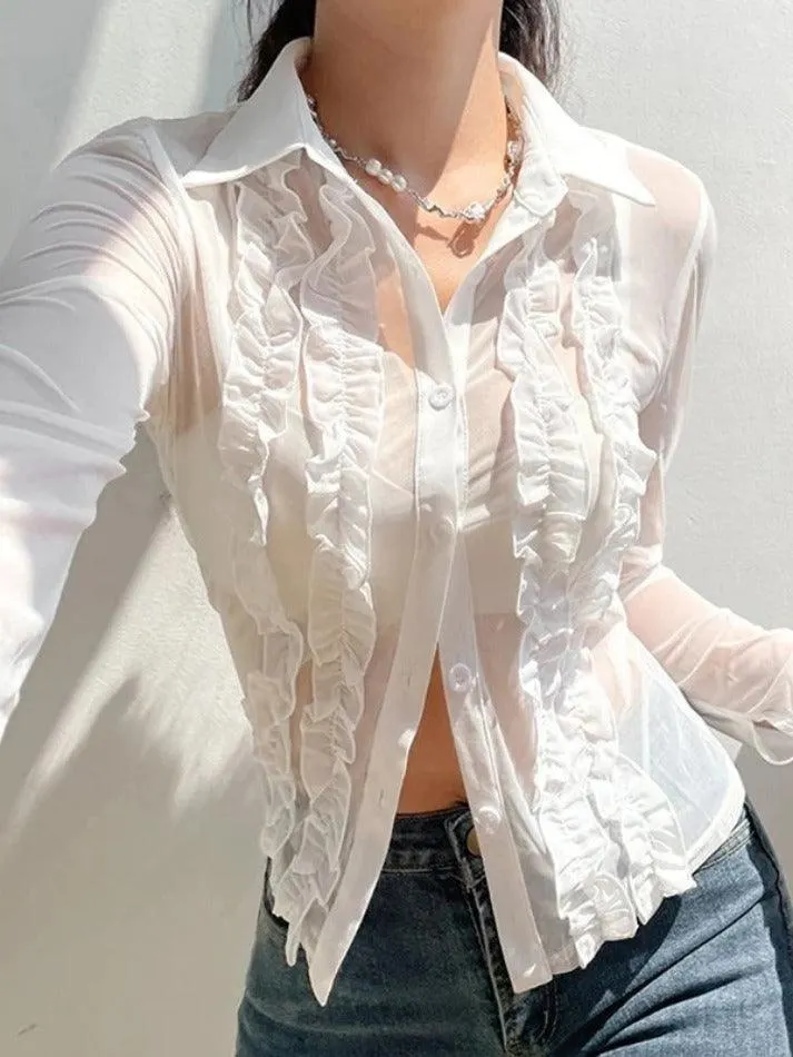 Maxct-Ruffle Trim Sheer Mesh Long Sleeve Blouse