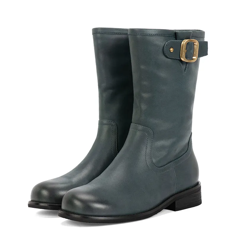 Womens Retro Mid Calf Boots with Short Plush Lining for Cold Winter Black/Blue Maxct