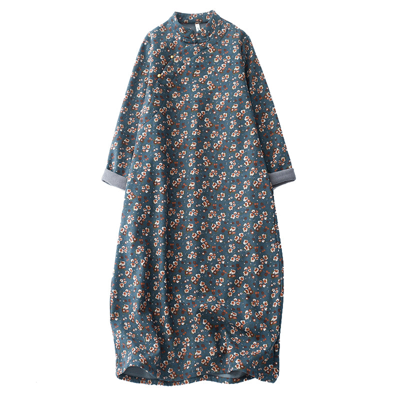 Maxct Women Winter Thickened Printed Floral Loose Fit Cotton Linen Dress