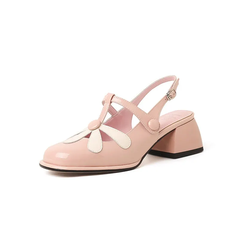 T strap Flower Detail Mary Jane Slingback Sandals Block Heel Square Toe Maxct