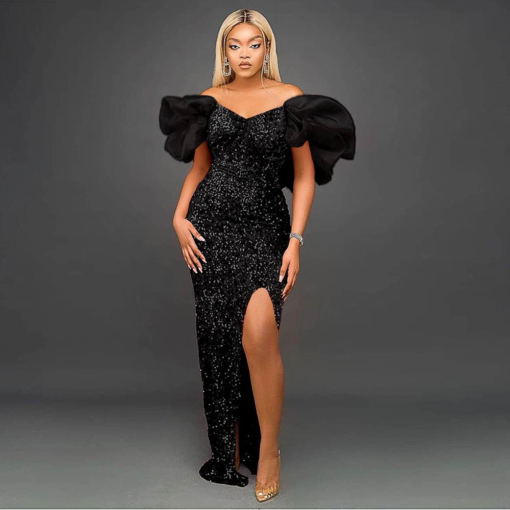 Maxct Ruffled V-neck Sequined Long Dress Ladies Banquet Evening Dress Dress Women's Party Dresses