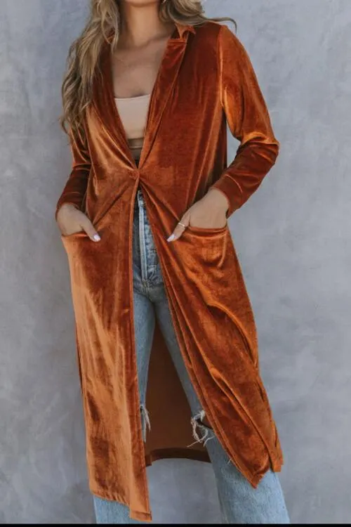 Maxct &Collared Neck Longline Velvet Cardigan with Pockets