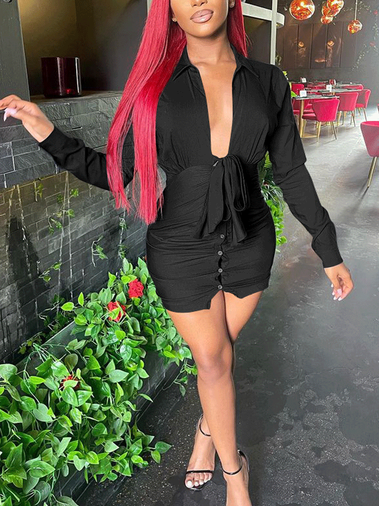 Deep V-neck Front Tie Mini Dress Maxct