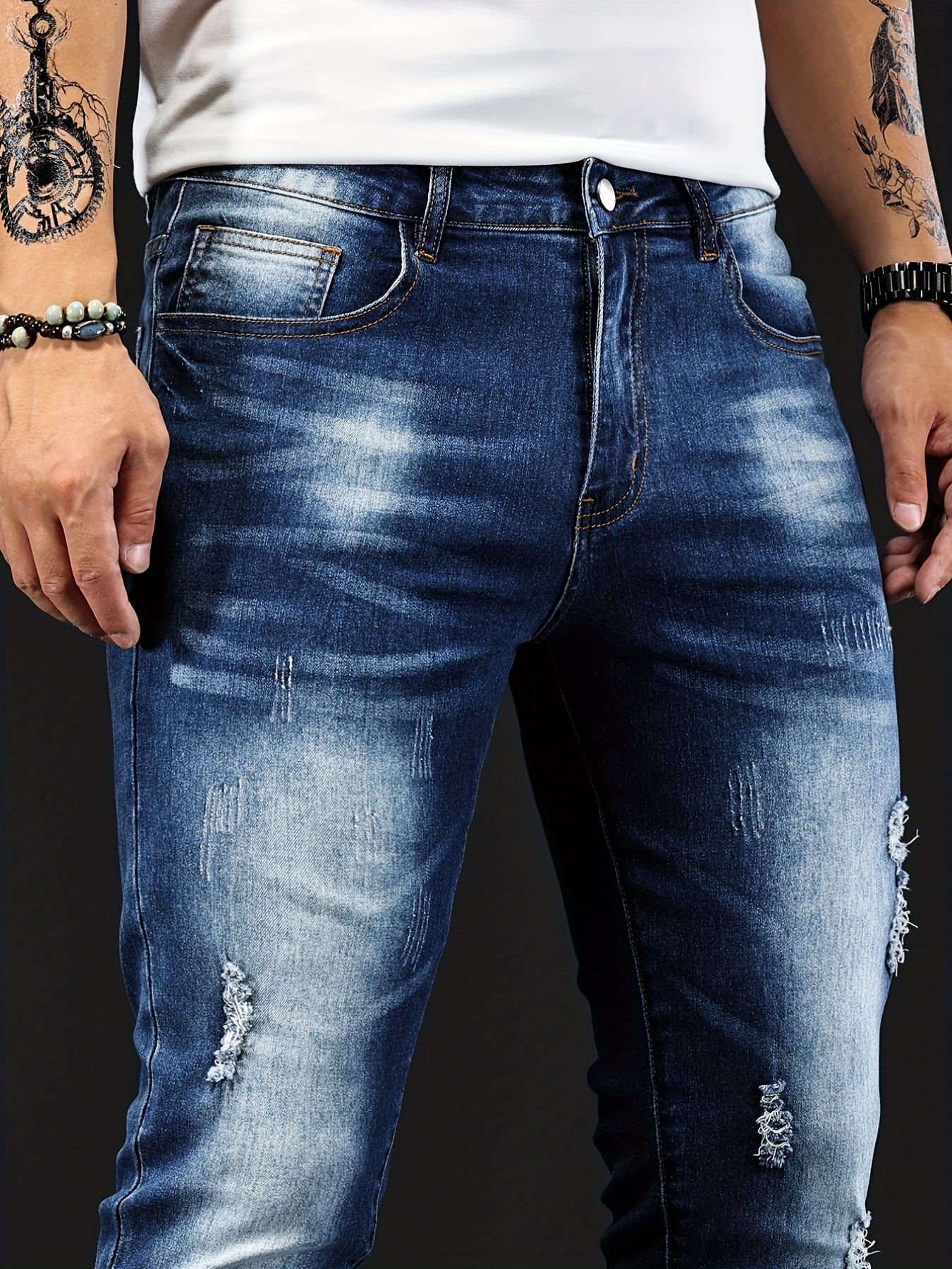 Slim Fit Ripped Jeans, Men's Casual Street Style Distressed Medium Stretch Denim Pants